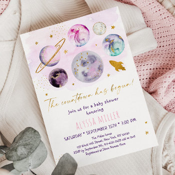 Pink Gold Space Countdown Has Begun Baby Shower Invitation by LittlePrintsParties at Zazzle