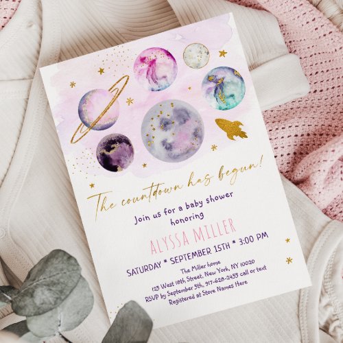 Pink Gold Space Countdown Has Begun Baby Shower Invitation