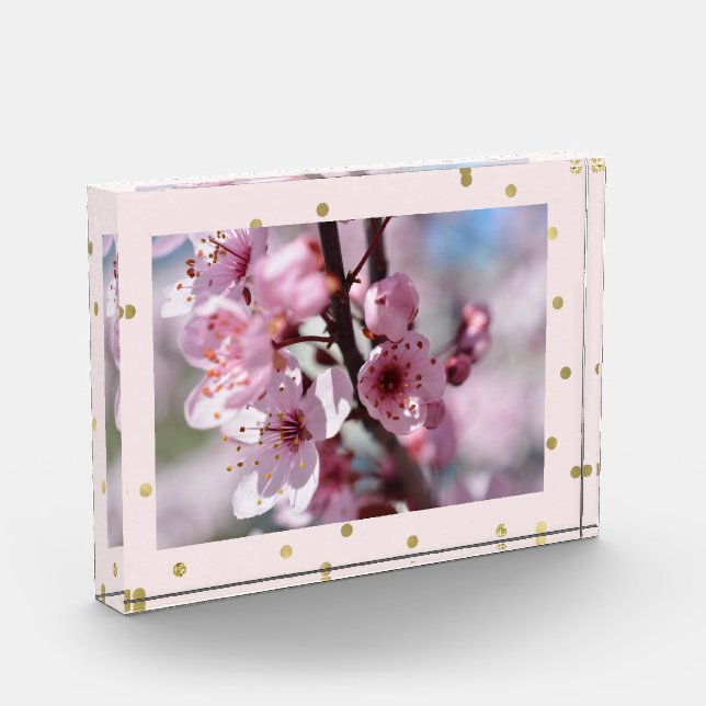 Pink Gold Sparkle Confetti Personalized Photo Block (Left)