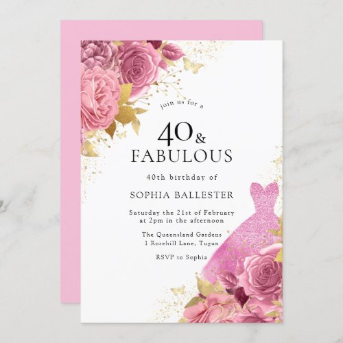 Pink Gold Sparkle Dress Roses 40th Birthday Party Invitation