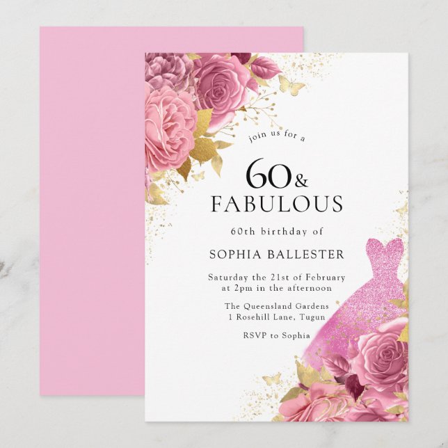 Pink Gold Sparkle Dress Roses 60th Birthday Party Invitation (Front/Back)