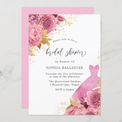 Pink  Gold Sparkle Dress Roses Bridal Shower Invitation