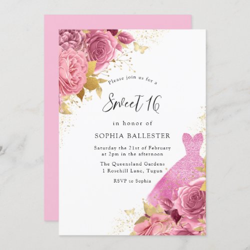 Pink  Gold Sparkle Dress Roses Sweet 16 Party Invitation