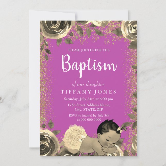 Pink & Gold Sparkle Glitter Girl Baptism Invite (Front)