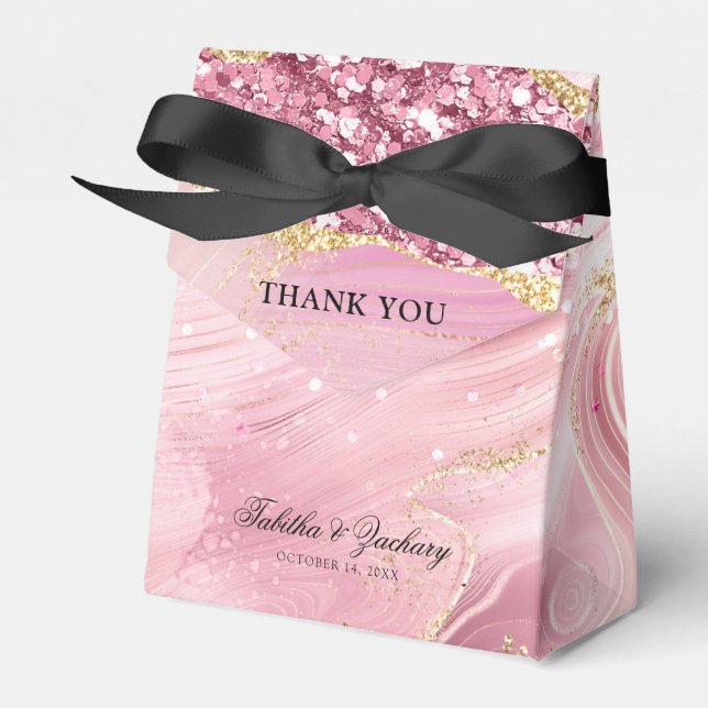 Pink Gold Sparkle Glitter Marble Wedding Favor Boxes (Front Side)