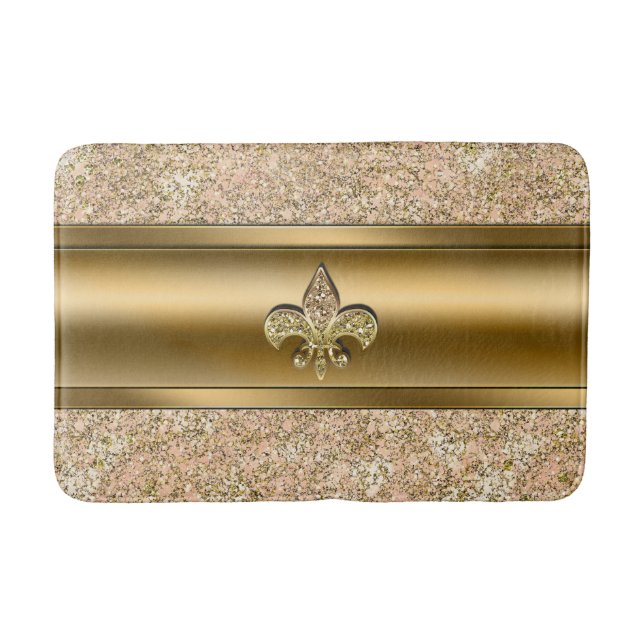 Pink & Gold Sparkle Glittery Fleur de lis Chic Bath Mat (Front)