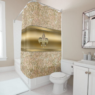 Pink & Gold Sparkle Glittery Fleur de lis Chic Shower Curtain