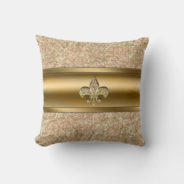 Pink & Gold Sparkle Glittery Fleur de lis Chic Throw Pillow (Front)