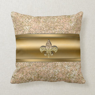 Pink & Gold Sparkle Glittery Fleur de lis Chic Throw Pillow