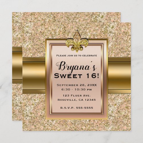 Pink  Gold Sparkle Glittery Fleur de lis Party Invitation
