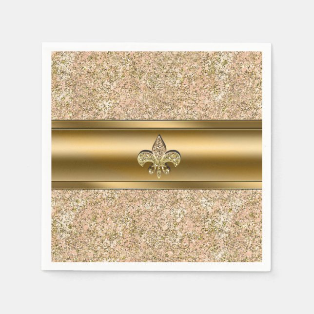 Pink & Gold Sparkle Glittery Fleur de lis Party Napkins (Front)
