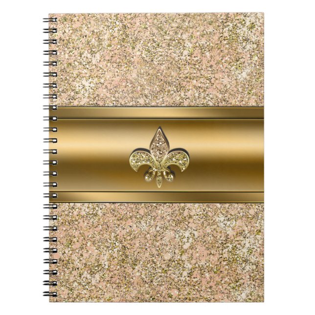 Pink & Gold Sparkle Glittery Fleur de lis Party Notebook (Front)