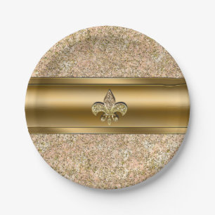 Pink & Gold Sparkle Glittery Fleur de lis Party Paper Plates