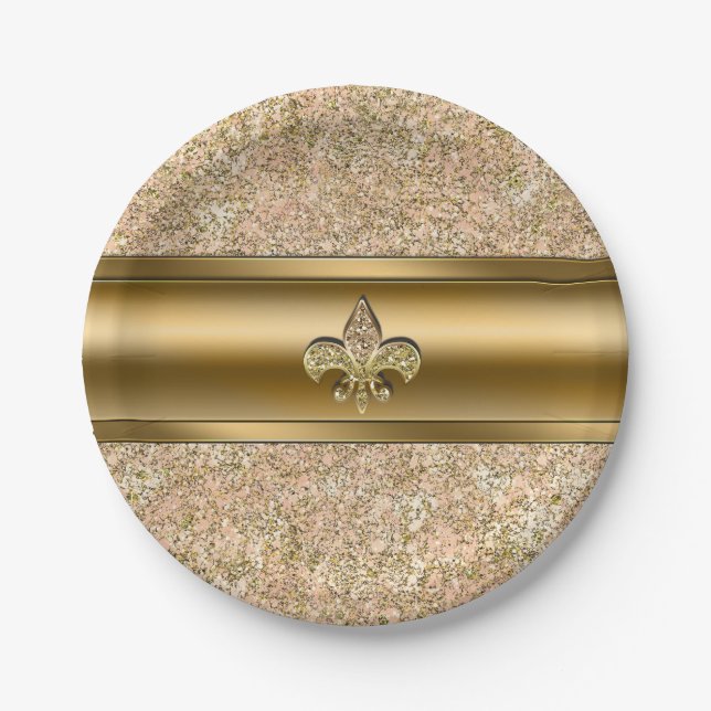 Pink & Gold Sparkle Glittery Fleur de lis Party Paper Plates (Front)