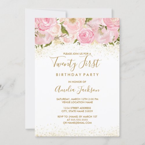 Pink Gold Sparkle Rose 21st Birthday Invitation