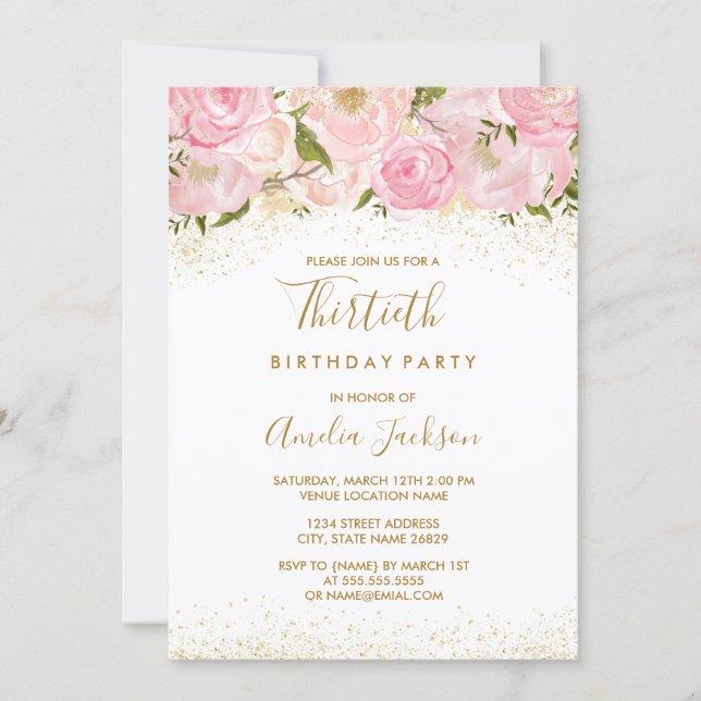 Pink Gold Sparkle Rose 30th Birthday Invitation (Front)