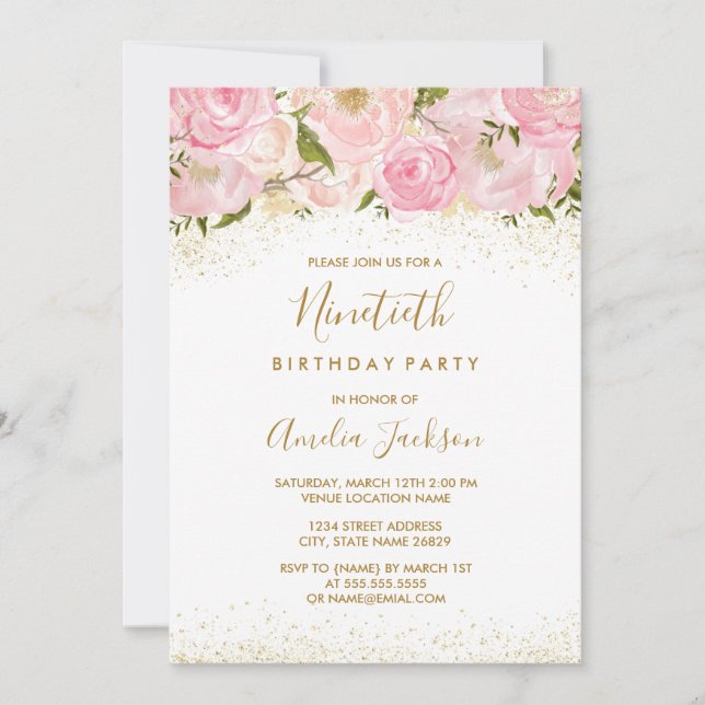 Pink Gold Sparkle Rose 90th Birthday Invitation (Front)