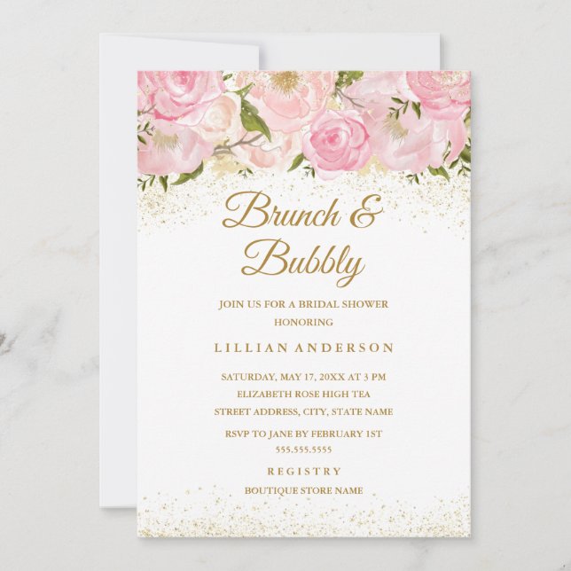 Pink Gold Sparkle Rose Brunch And Bubbly Shower Invitation (Front)