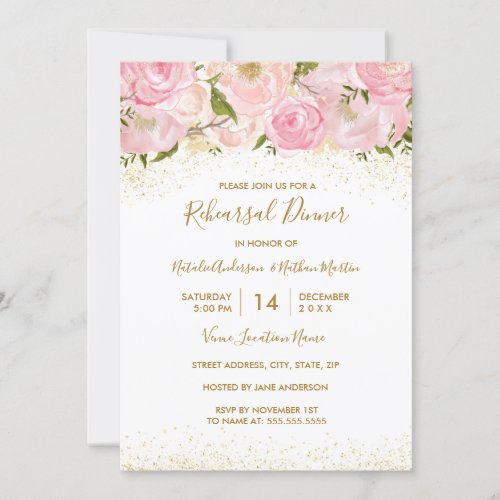 Pink Gold Sparkle Rose Rehearsal Dinner Invitation