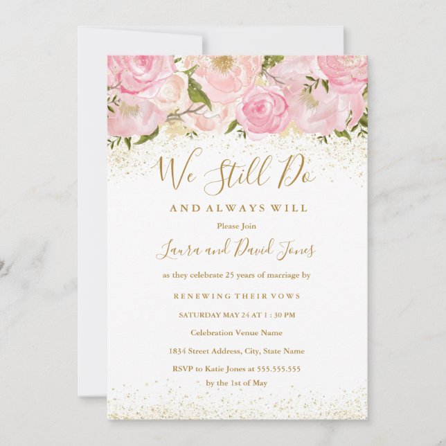 Pink Gold Sparkle Rose Wedding Vow Renewal Invitation (Front)