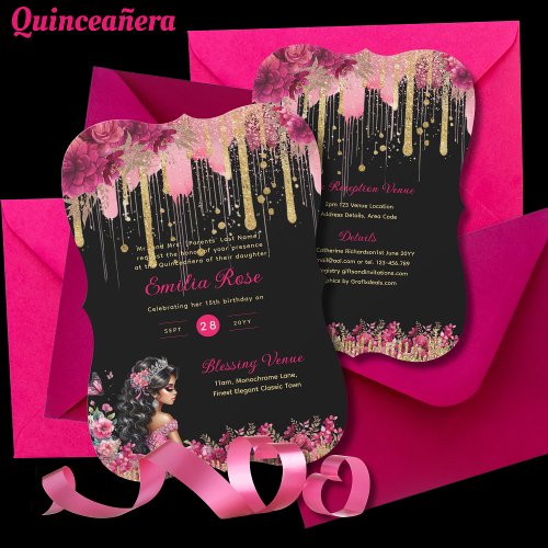 PINK Gold Sparkles Quinceanera Dress Floral Roses Invitation