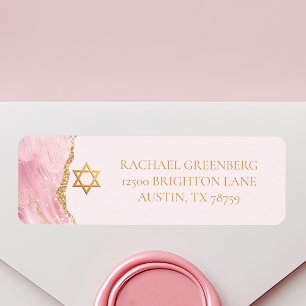 Pink Gold Star of David Bat Mitzvah Return Address Label