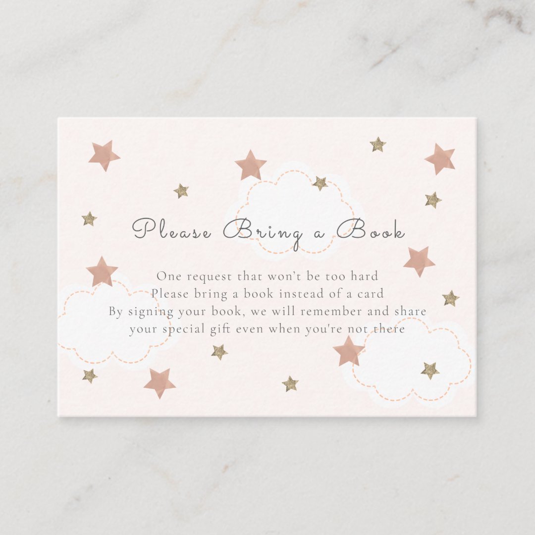 Pink Gold Stars &amp; Clouds Please Bring a Book Enclosure Card | Zazzle
