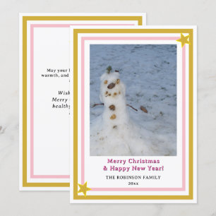 Pink Gold Stars Little Snowman INSERT PHOTO Holiday Card