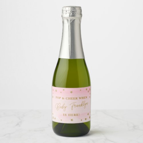 Pink  Gold Stars Pop  Cheer Baby Shower Sparkling Wine Label