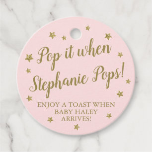 Pink & Gold Stars Pop It Baby Shower Champagne Favor Tags