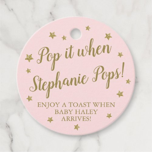 Pink  Gold Stars Pop It Baby Shower Champagne Favor Tags