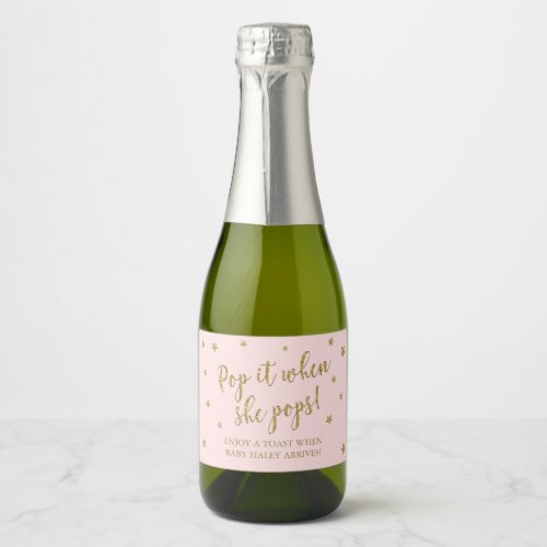 Pink  Gold Stars Pop It When She Pops Baby Shower Sparkling Wine Label