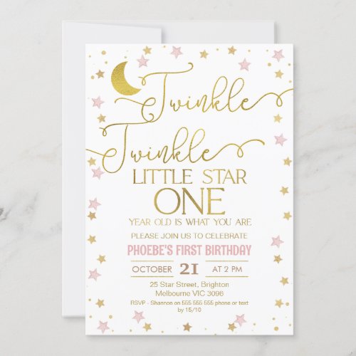 Pink Gold Stars Twinkle Little Star 1st Birthday Invitation
