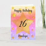 Pink Gold Stars Watercolor 16th Birthday Card<br><div class="desc">A pretty watercolor 16th birthday card that features an array of yellow gold stars on the front with a pretty array of colors on the background. Please see all photos. This personalized 16th birthday card for daughter,  granddaughter,  goddaughter and more would make a wonderful card keepsake for her.</div>