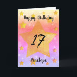 Pink Gold Stars Watercolor 17th Birthday Card<br><div class="desc">A pretty watercolor 17th birthday card that features an array of yellow gold stars on the front with a pretty array of colors on the background. Please see all photos. This personalized 17th birthday card for daughter,  granddaughter,  sister and more would make a wonderful card keepsake for her.</div>
