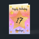 Pink Gold Stars Watercolor 17th Birthday Card<br><div class="desc">A pretty watercolor 17th birthday card that features an array of yellow gold stars on the front with a pretty array of colors on the background. Please see all photos. This personalized 17th birthday card for daughter,  granddaughter,  sister and more would make a wonderful card keepsake for her.</div>