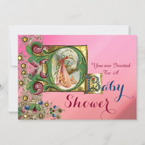 PINK GOLD STORK GIRL BABY SHOWER FLORAL MONOGRAM INVITATION