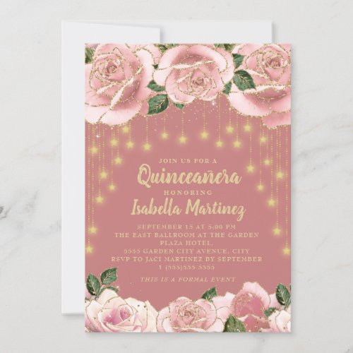 Pink Gold String Light Star Quinceaera Photo Invitation