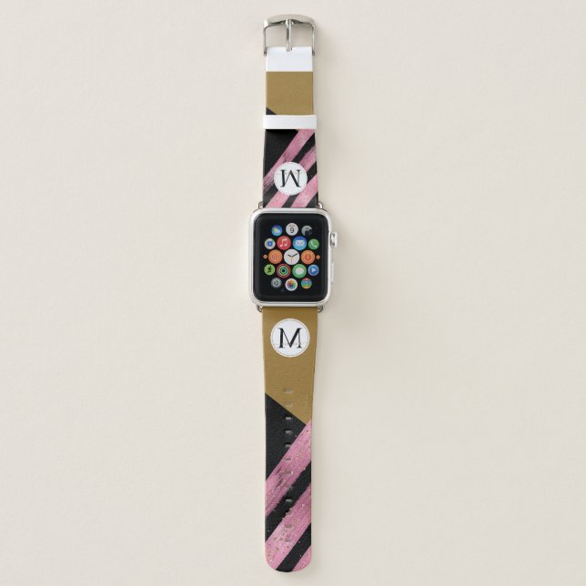 Pink Gold Stripe Glitter Monogram Apple Watch Band (Front)