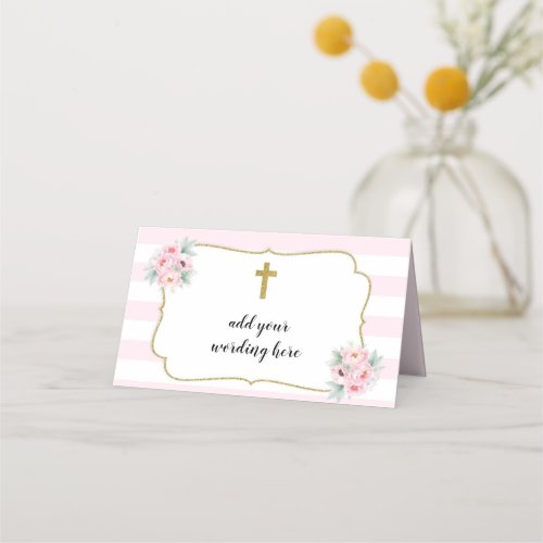 Pink  Gold Striped Floral Modern Religious Place Card