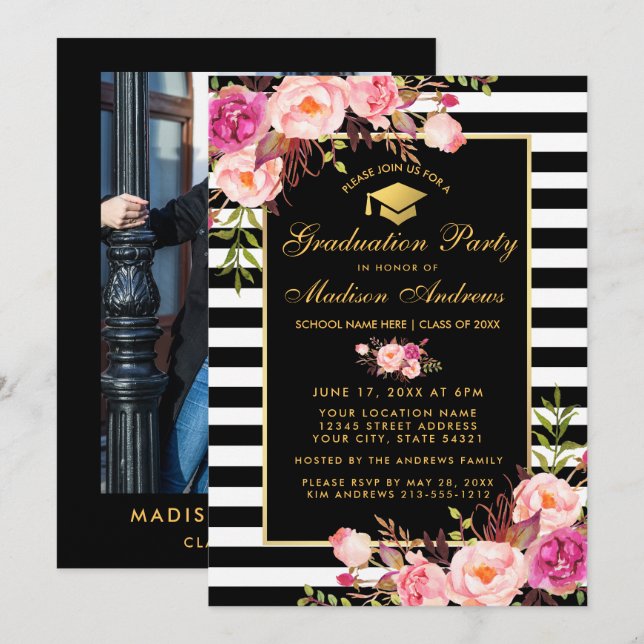 Pink Gold Striped Graduation Invite - Photo Back (Front/Back)