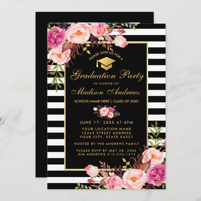 Pink Gold Striped Graduation Invite - Photo Back (Front/Back)