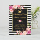 Pink Gold Striped Graduation Invite - Photo Back (Standing Front)