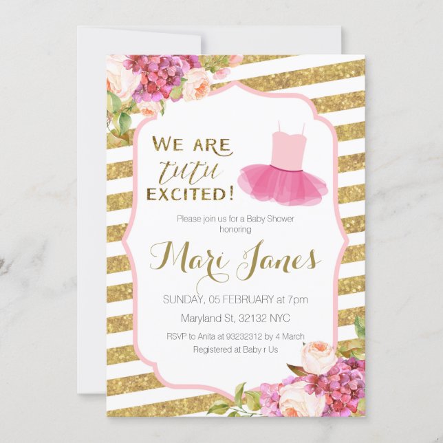 pink gold striped tutu baby shower invitation (Front)