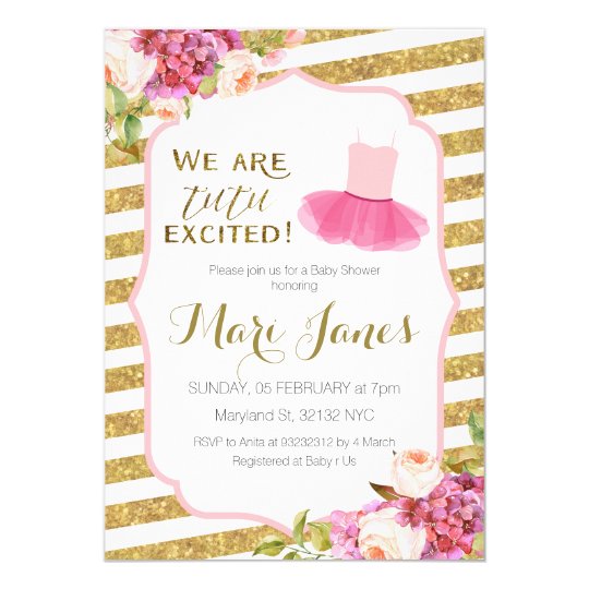 pink gold striped tutu baby shower invitation | Zazzle.com