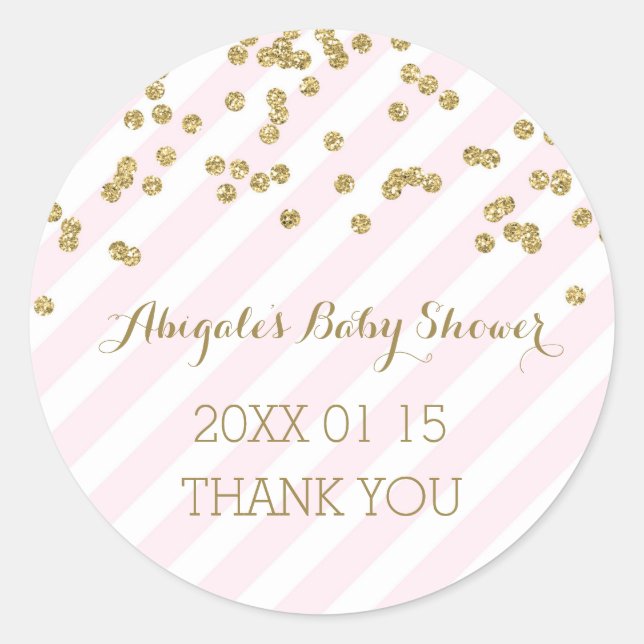 Pink Gold Stripes Baby Shower Favor Sticker (Front)