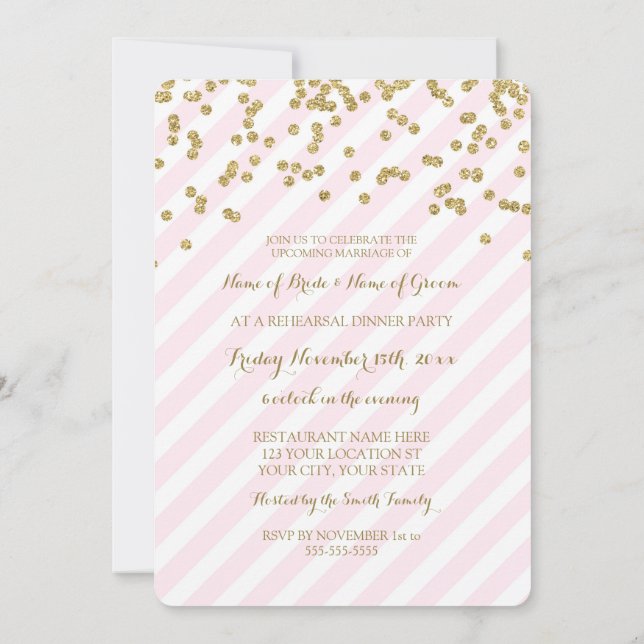 Pink Gold Stripes Rehearsal Dinner Party Invitation (Back)