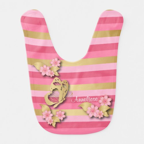 Pink  Gold Stripes with Flowers  Butterfly Baby Bib