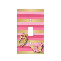 Pink & Gold Stripes with Flowers & Butterfly Light Switch Cover