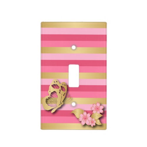 Pink  Gold Stripes with Flowers  Butterfly Light Switch Cover